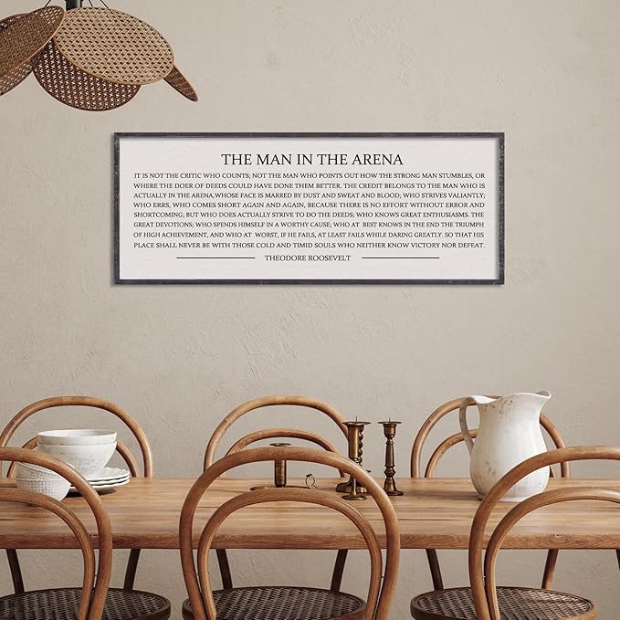 LuZhiQiang The Man in the Arena Wall Decor 32''x12'' Inspirational Quotes Office Wood Framed Sign Rustic Home Motivational Art For Man Entrepreneur Morden Living Room Wall Hanging Decor (Black)