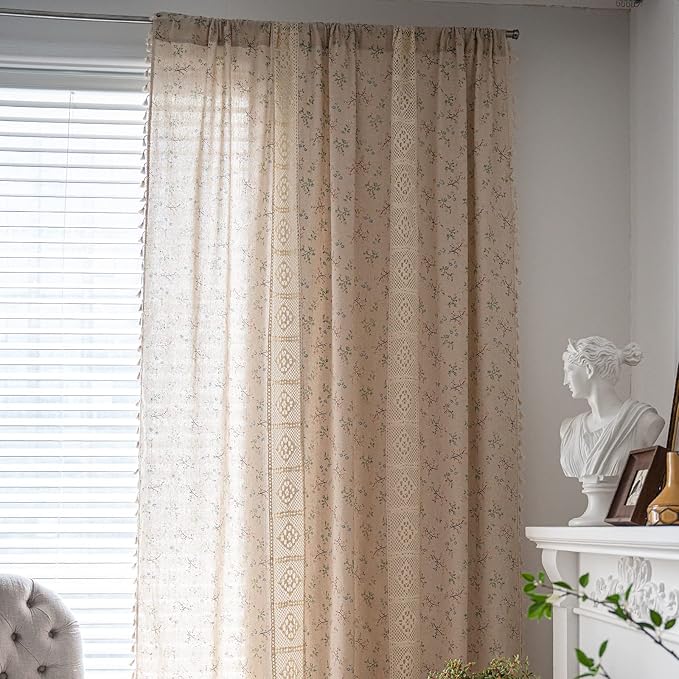 Sutuo Home Boho Curtain Semi-Blackout Crochet Hollow Lace Patchwork with Floral Print Cotton Linen Fabric, Handmade Tassels Rod Pocket Bohemian Window Drapes for Living Bedroom, 59"W x 84"L, 1 Panel