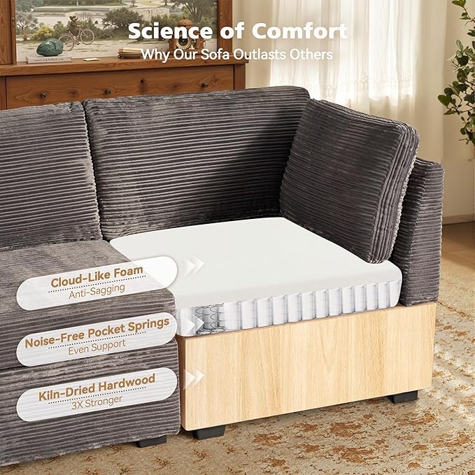 Modular Sectional Sofa, 130.7 Inch U Shaped Couch Set for Living Room, 4-Seater Comfy Cloud Couches with Two Movable Ottoman, Plush Corduroy, Gray