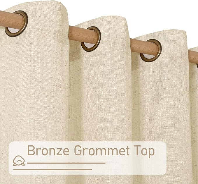 LAMIT Semi Sheer Linen Curtains for Living Room, 80 Inch Length, Light Filtering Panels Bronze Grommet Faux Linen Textured Window Drapes for Bedroom/Porch, Beige, 52 x 80 Inch, 2 Panels