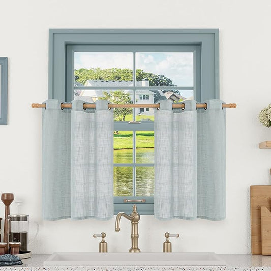 LAMIT Short Linen Curtains 36 Inch Length for Half Window, Semi Sheer Light Filtering Panels Bronze Grommet Drapes for Basement/Kitchen, Greyish Blue, 2 Panels, 34 x 36 Inch