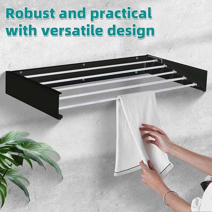 Laundry Drying Rack Collapsible, Wall Mounted Clothes Drying Rack. 39.37" Wide, 19.3 Linear Ft, 5 Aluminum Rods, with Wall Template, Screwdriver Bit (Black 1M)