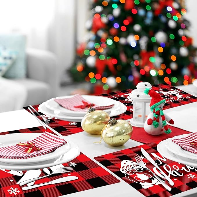 Christmas Placemats Set of 6 Red and Black Plaid Table Mats Plastic Xmas Recyclable Place Mats Washable Holiday Table Decoration for Indoor Outdoor Christmas Party Kitchen Dining