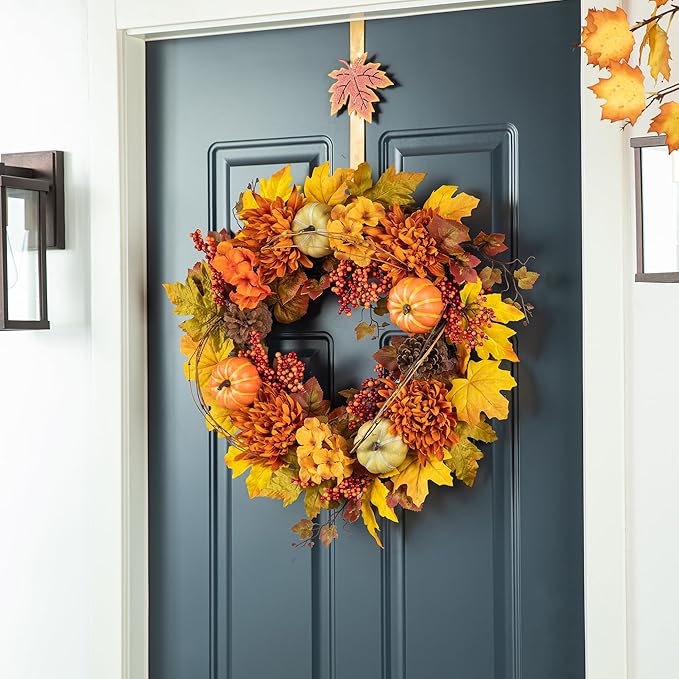 Glitzhome 24 inch Artificial Fall Wreath Decor, Autumn Maple Leaf Wreath for Front Door with Dahlia Pumpkin, Leaf and Berry Wreaths for Autumn Harvest Thanksgiving Halloween Decor