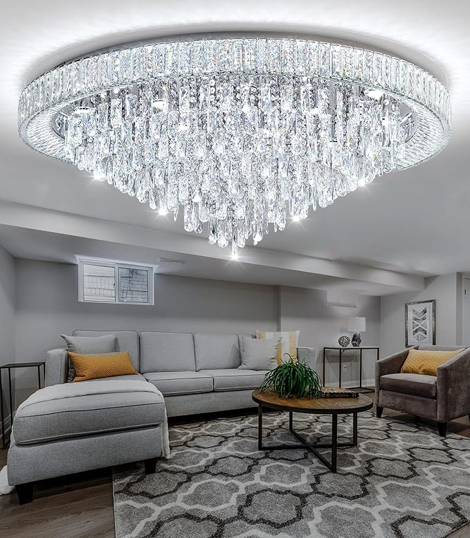 47'' Modern Chandeliers LED Dimmable Crystal Flush Mount Ceiling Chandeliers for Living Room High Ceiling Entrance Foyer Lobby Bedroom Silver