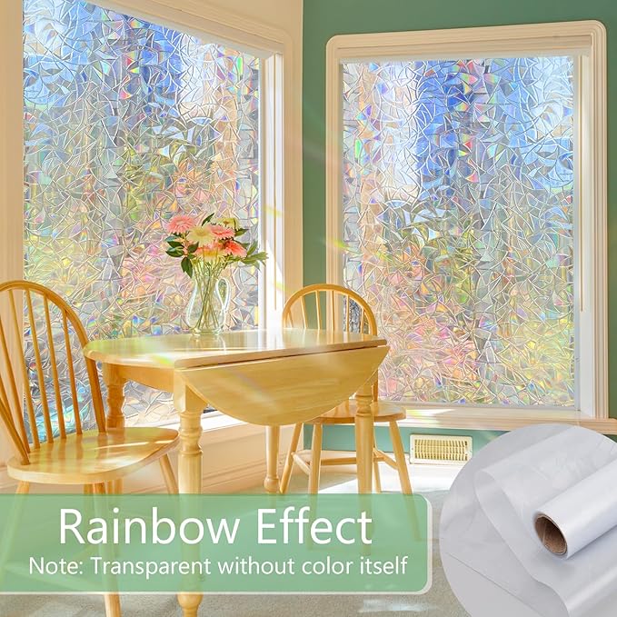 HIDBEA Window Privacy Film Static Clings, Rainbow Window Film, 3D Decals Non-Adhesive Window Vinyl Film for Home Door, 17.3 Inch x 13.1 Feet
