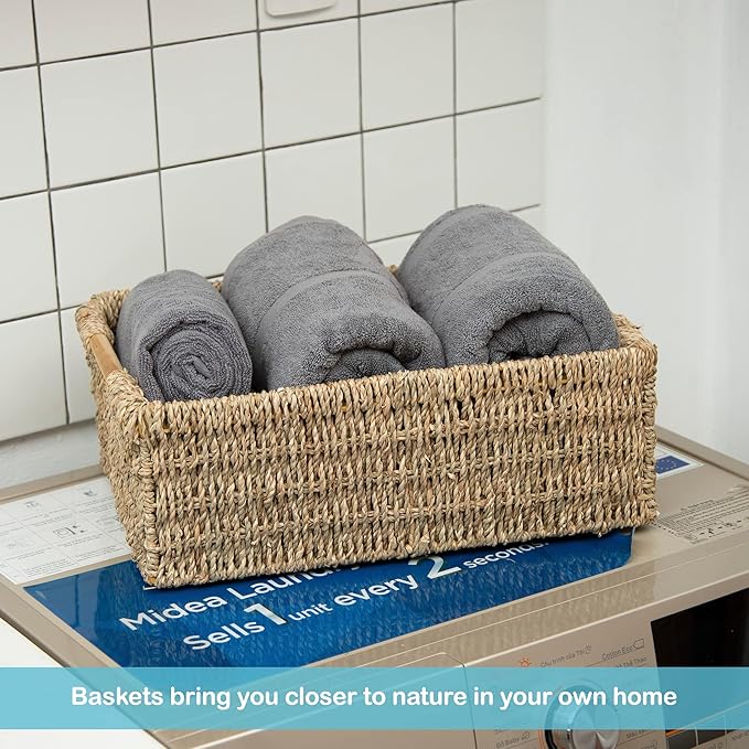 Large Natural Wicker Basket Rectangular with Wooden Handles, Seagrass Storage for Organizing, Shelves 15.5 x 10.6 x 5.5 inches