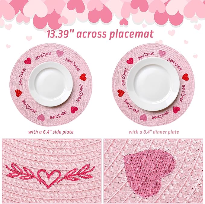 Whaline 4Pcs Round Valentine Placemats Red Pink Heart Embroidered Place Mats Decorative Dinner Table Mats for Home Wedding Anniversary Party Decor