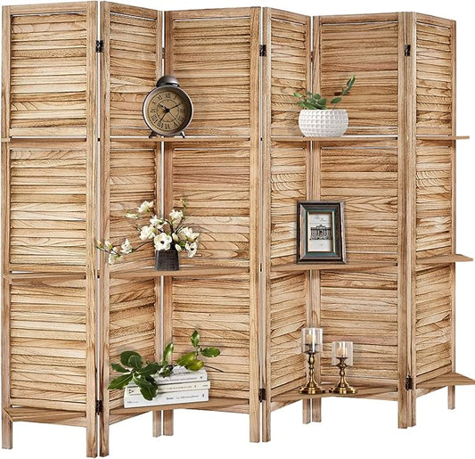 Room Divider with Shelves, Privacy Screen, Room Dividers and Folding Privacy Screens, 6 Panel Wood Temporary Wall Partition Separation Separator, Natural