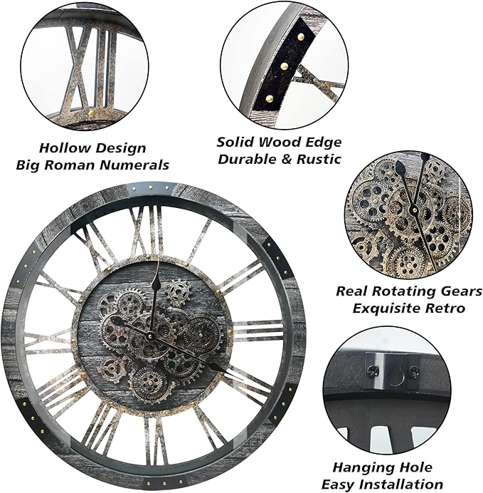DORBOKER 40" Original Moving Gears Wall Clock, Large Industrial Wall Clock for Living Room Decor,Oversized Wood Vintage Farmhouse Steampunk Rustic Clocks for Wall Decor,Carbon Gray