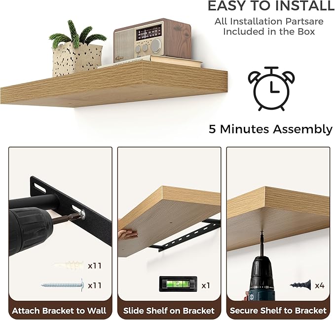 Floating Shelves for Wall, Large Wall Mounted Shelves with Invisible Brackets, Long Wood Floating Shelf for Living Room, Bedroom, Kitchen, Bathroom (Oak, 55" W x 9" D x 1.5" H)