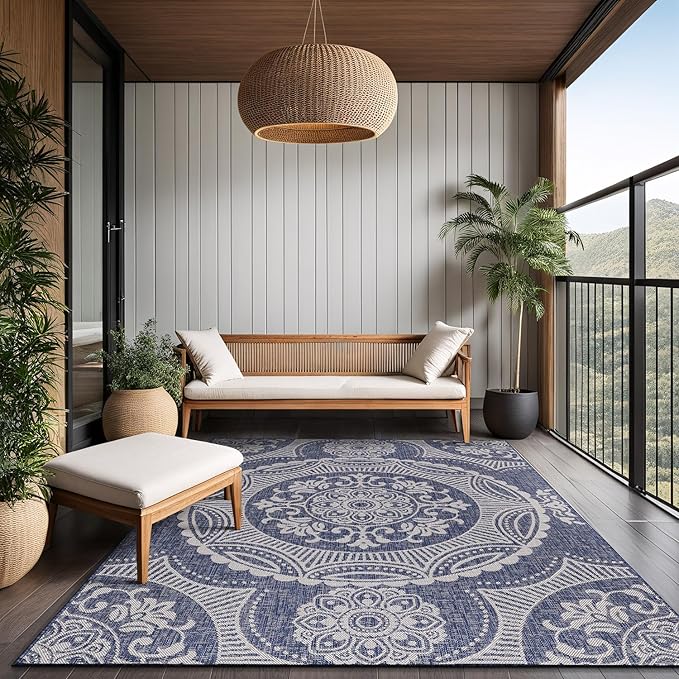 Medallion Outdoor Rug 5x7 Washable Outside Carpet for Indoor Patio Porch Waterproof Easy Cleaning Non Shedding Area Rugs Blue 5 x 7