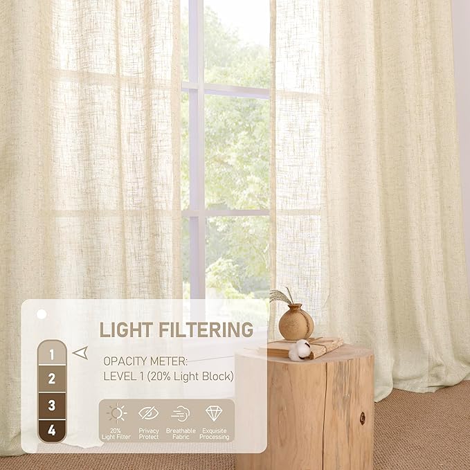LAMIT 102 inches Long Sheer Linen Curtains, Linen Textured Light Filtering Semi Sheer Bronze Grommet Natural Boho Drapes for Living Room/Farmhouse, 2 Panels, Beige, 52 x 102 Inch