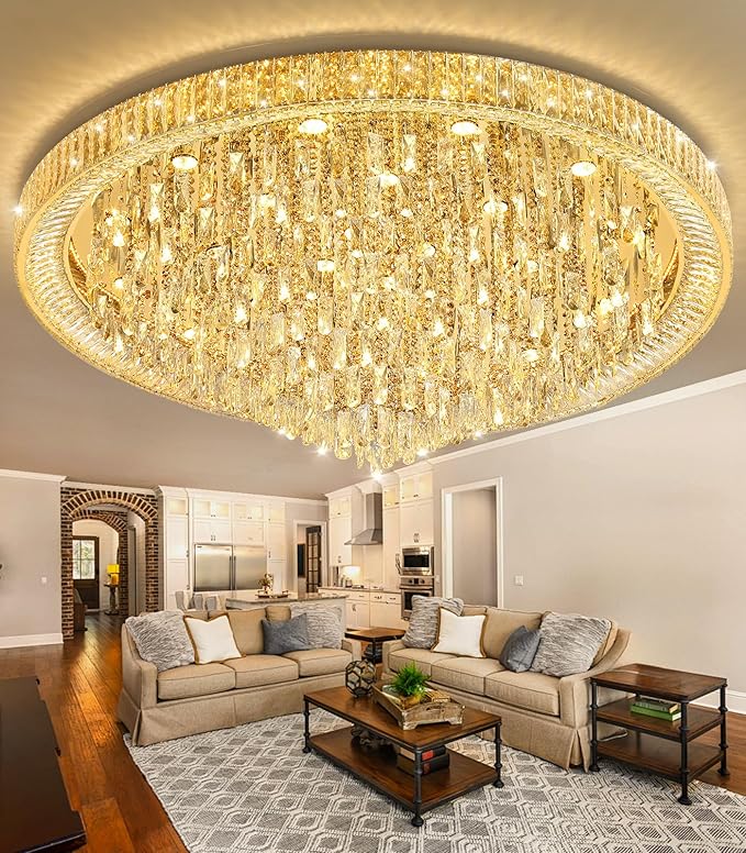 53.7'' Modern Crystal Big Large Chandeliers LED Dimmable Flush Mount Ceiling Chandeliers for Living Room High Ceiling Entrance Foyer Lobby Bedroom Gold