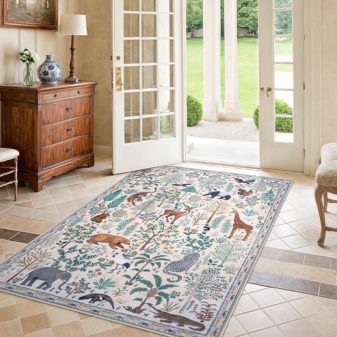 OJIA Jungle Print Washable Area Rugs 5x7, Soft Modern Rugs for Living Room Ultra-Thin Non-Shedding Bedroom Rug, Stain Resistant Neutral Area Rug Large Carpet for Dining Room Kids Nursery Playroom