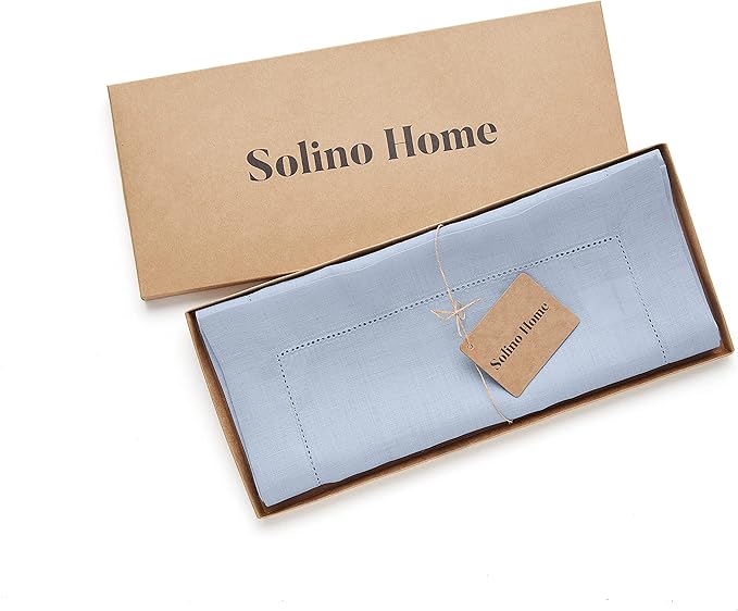 Solino Home Linen Sky Blue Table Runner 120 Inches Long - 100% Pure Linen Hemstitch 14 x 120 Inch Table Runner for Dining - Classic Hemstitch