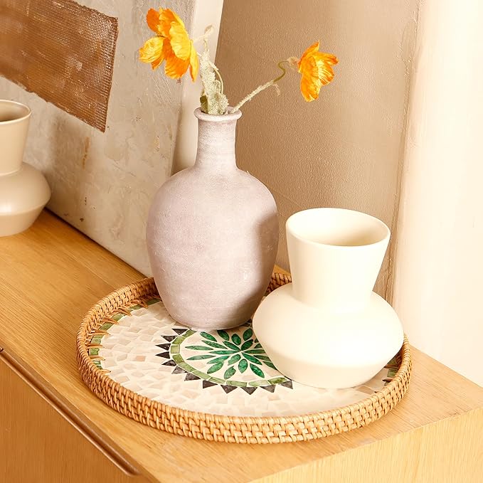 Round Rattan Tray with Mother of Pearl Inlay & Wooden Base - Decorative Wicker Serving Tray for Coffee/Bread/Fruits, Food Storage & Display - Multipurpose Home Decor (M,Bohemia)