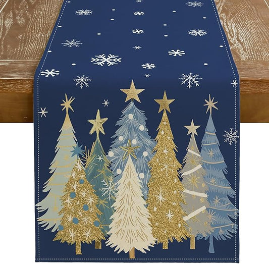 GEEORY Christmas Table Runner 13x36 Inch, Xmas Trees Snowflakes Holiday Decorative Farmhouse Table Decoration for Kitchen Dinning, Indoor Outdoor Dinner Party Decor (Blue) GT151-36