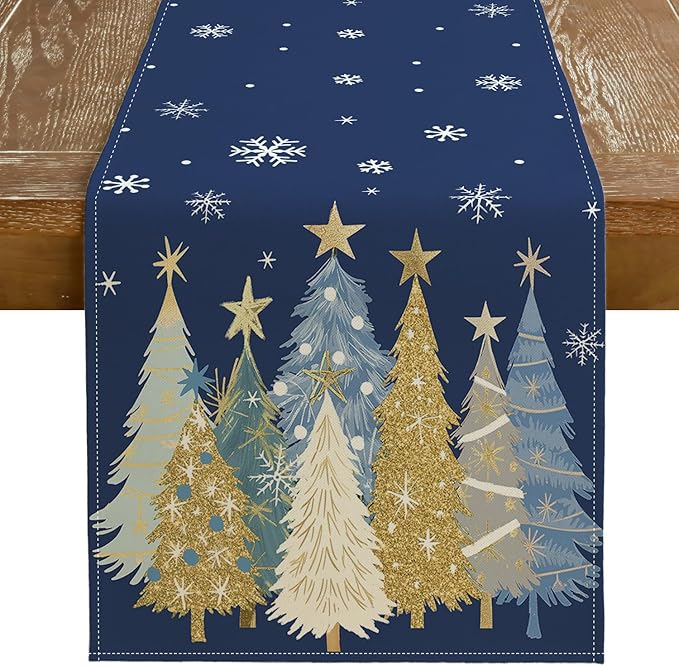 GEEORY Christmas Table Runner 13x72 Inch, Xmas Trees Snowflakes Holiday Decorative Farmhouse Table Decoration for Kitchen Dinning, Indoor Outdoor Dinner Party Decor (Blue) GT151-72