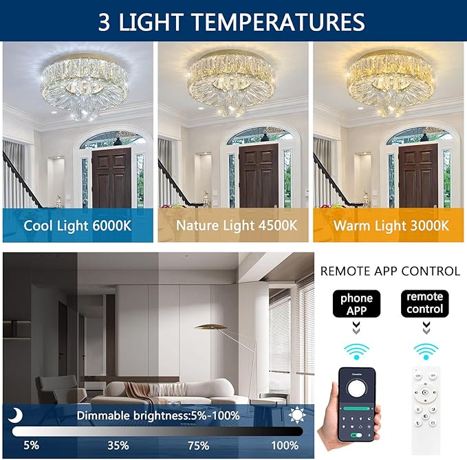 Mini Chandelier Modern Crystal Chandeliers for Hallway LED Flush Mount Ceiling Light Dimmable Light Fixture for Dining Room Living Room Bedroom