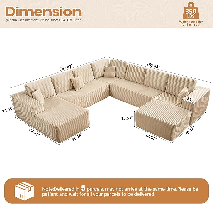 Cloud Sectional Couches for Living Room,G Shaped Modular Sofas No Assembly,135x133 Inches Plush Corduroy Oversized Floor Couch Set with Deep Seat Chaise,Beige