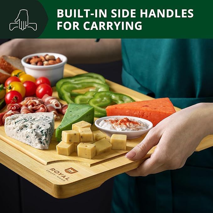 Chopping Board Set of 2 - Wooden Cutting Boards for Kitchen Meal Prep & Serving - Bamboo Wood Cutting Board Set - Charcuterie & Chopping Butcher Block for Meat - Kitchen Gadgets Gift