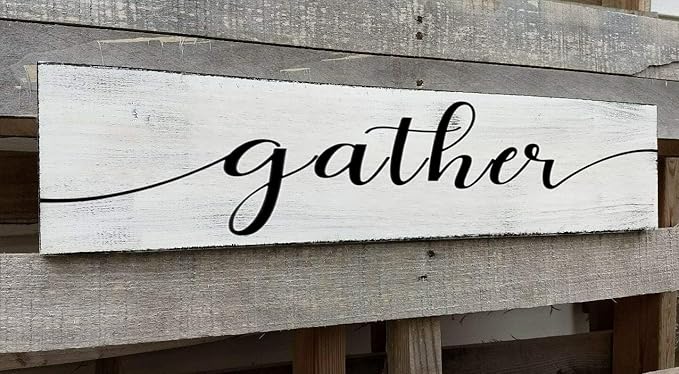 Gather Signs for Home Decor White, Rustic Farmhouse Dining Room Decor Wood Wall Hanging Plaque Gather Wall Decor for Living Room Kitchen Signs 6x18 Inch