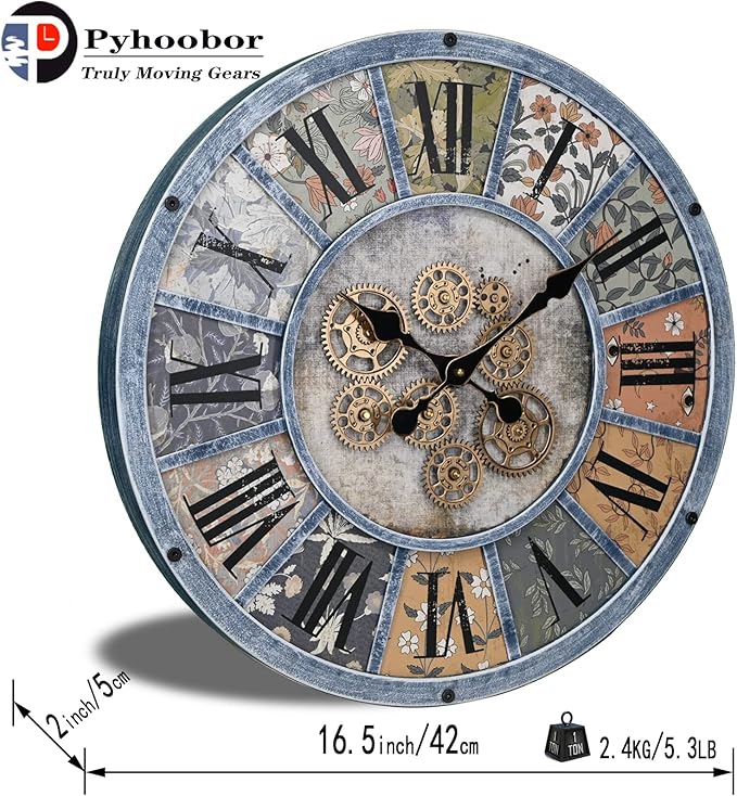 Unique Moving Gear Large Wall Clock - Battery Powered. Retro Industrial Steampunk Country Farmhouse Decor for The Living Room Kitchen Bars cafes and Offices (Blue/Metal/Round)