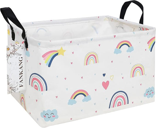 FANKANG Storage Bins, Nursery Hamper Canvas Laundry Basket Foldable with Waterproof PE Coating Large Storage Baskets for Kids Boys and Girls, Office, Bedroom, Clothes,Toys(Rec-Love Rainbow