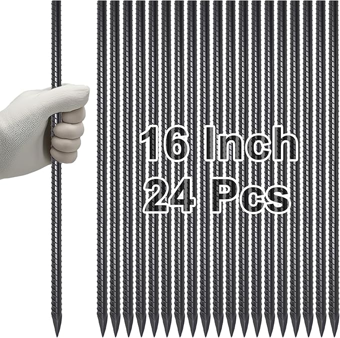 VVOKGO Rebar Stakes 16 Inches Ground Concrete Form Stakes (24pcs), Straight Metal Spikes Heavy Duty with Chisel Point End, 5/16" Diameter Steel Anchors for Fence, Concrete Timber, Garden Plants, Black