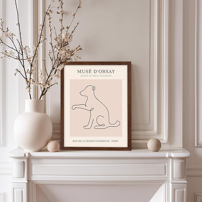 Poster Master Vintage Poster - Retro One Line Dog Drawing Print - Dog Art - Minimal Gift for Men, Women, Animal Lover - Abstract Wall Decor for Home, Office, Bedroom, 8x10 Brown Framed