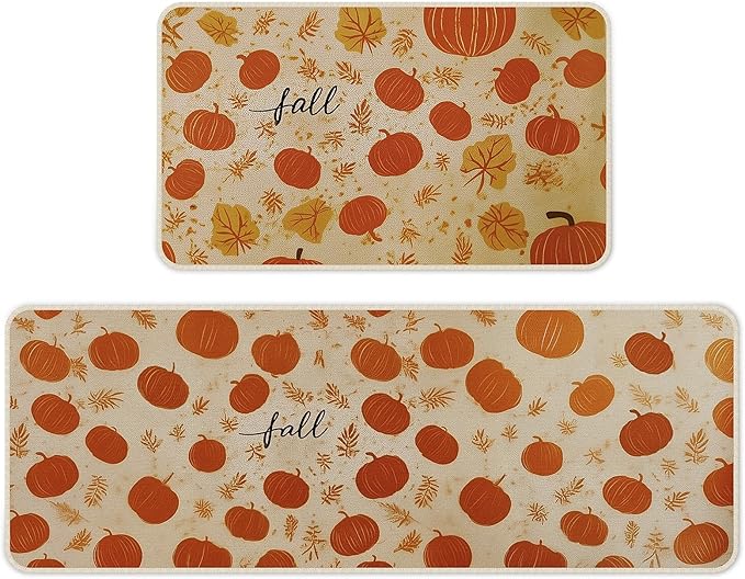 Halloween Kitchen Mat Set of 2, Pumpkin Kitchen Halloween Decor, Fall Decorations for Home, Halloween Rug for Floor,Indoor Home Decor with Non-Slip Backing,17 x 29 Inch & 17 x 47 Inch