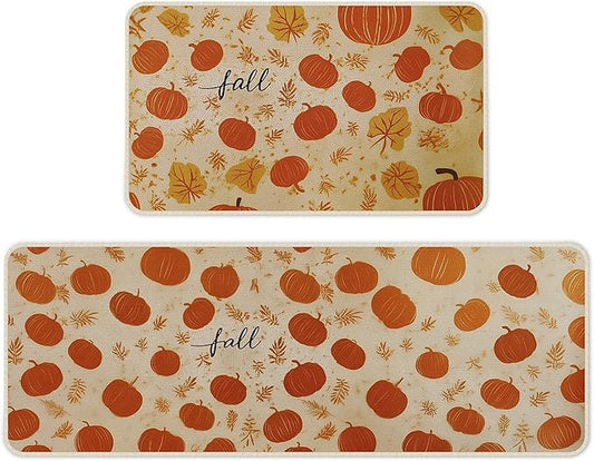 Halloween Kitchen Mat Set of 2, Pumpkin Kitchen Halloween Decor, Fall Decorations for Home, Halloween Rug for Floor,Indoor Home Decor with Non-Slip Backing,17 x 29 Inch & 17 x 47 Inch