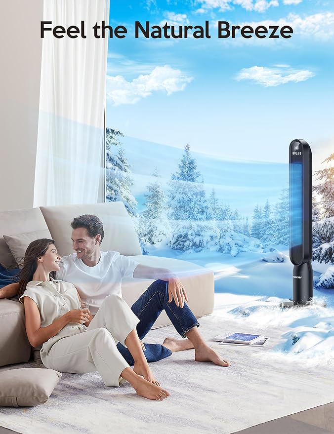 VAGKRI 42 Inch Tower Fan for Bedroom, Bladeless Quiet Floor Fan with 135° Vertical 90° Oscillation Fans for Indoors use, 4 Speeds, 4 Modes, 15H Timers Standing Fans with Remote Black