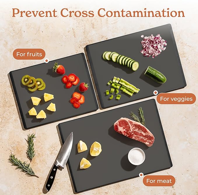 SMIRLY Plastic Cutting Board Set with Holder 4 Pieces, Non-Slip Dishwasher Safe Chopping Boards for Kitchen, Dark Grey