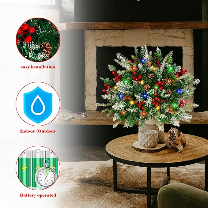 2 Pack Lighted Artificial Christmas Urn Filler, Battery Operated Pre-lit Xmas Pine Trees, Tripod Stake and 60 LED Lights, Holiday Porch Decorations for Porch, Yard, Garden, Flower Beds（Multicolor）