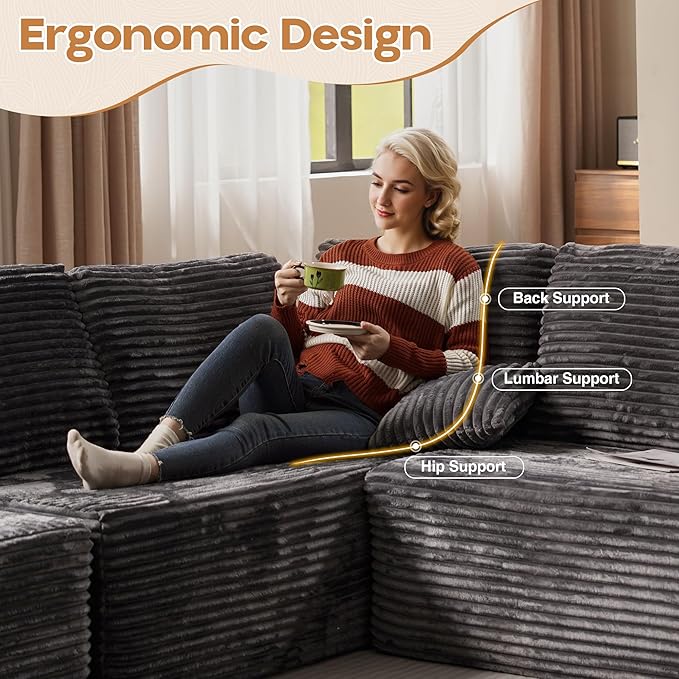 Cloud Sectional Couches for Living Room,U Shaped Modular Sofas No Assembly,165x107 Inches Plush Corduroy Oversized Floor Couch Set with Deep Seat Chaise,Grey