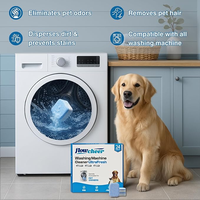 Washing Machine Cleaner, Septic Safe Washer Descaler Tablets for Removing Pet Hair, Odors, Residue, Suitable for HE Front Loader, Top Load, 1 Year Supply, 24 Pack (For Pet Owner)