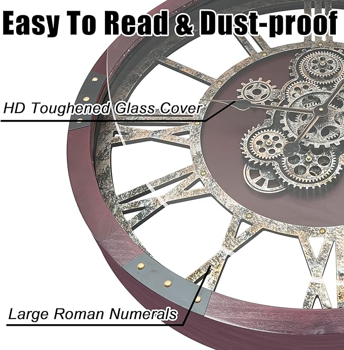 DORBOKER 27" Original Moving Gears Wall Clock, Large Industrial Wall Clock for Living Room Decor, Retro Metal Solid Wood Vintage Farmhouse Steampunk Rustic Clocks for Wall Decor,Cherry Red