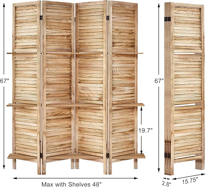 Room Divider with Shelves, Privacy Screen, Room Dividers and Folding Privacy Screens, 4 Panel Wood Temporary Wall Partition Separation Separator, Natural