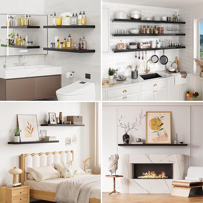 Heimlove Floating Shelves for Wall 48 Inches Long,9.3" Deep Black Floating Shelf Set of 2,Wall Mounted Wood Shelves for Bathroom Bedroom Living Room Kitchen Office,Shelf for Books Storage Room Decor