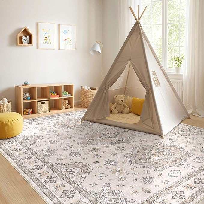 Washable Area Rugs for Living Room -10x14 Neutral Vintage Distressed Floral Farmhouse Boho Large Soft Floor Rug Indoor Non Slip Carpet for Living Room Bedroom Dining Room Office-Beige Brown