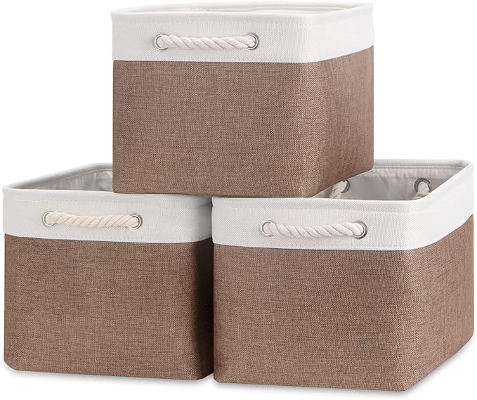 Bidtakay Baskets Fabric Storage Bins for Shelves [3-Pack] Decorative Storage Baskets for Organizing 15 X 11 X 9.5 inches Nursery Closet Foldable Toy Storage Closet Organizer Brown