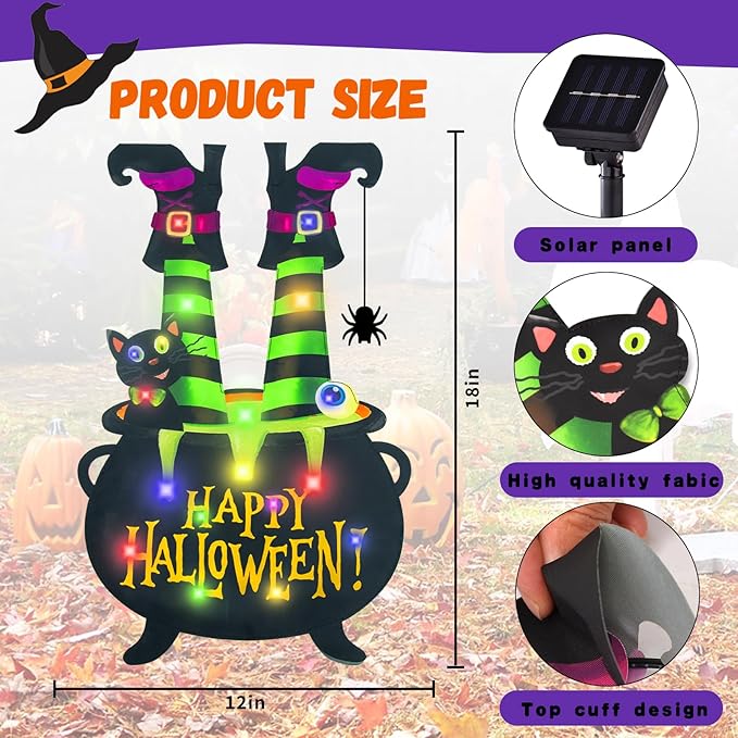 Halloween Lighted Garden Flag for Outside, Led Solar Yard Flag 8 Modes Witch Feet Shape Flag, 12x18 Double Sided Cauldron Eyeball Black Cat Decorations for Home Porch