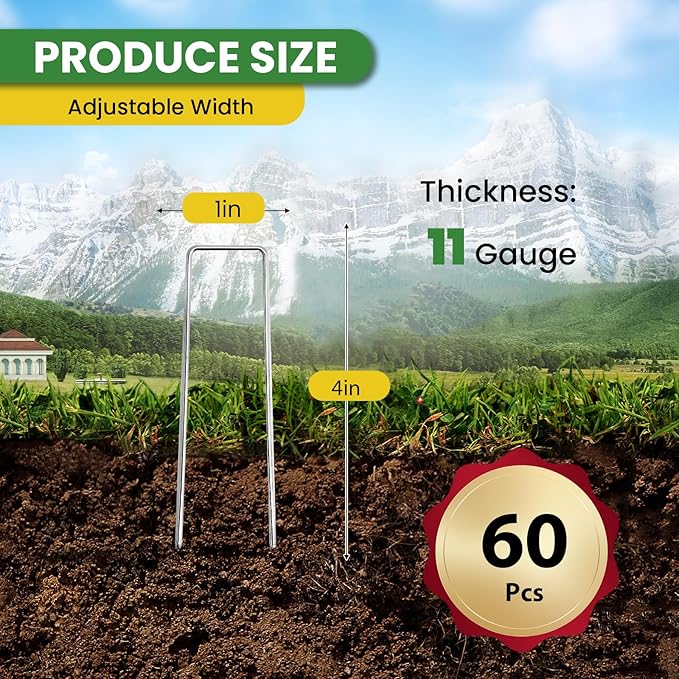 Landscape Staples 4 Inch 60 Pack, Garden Stakes Galvanized Garden Staples 11 Gauge, Plant Cover Stakes for Lawn Weed Barrier