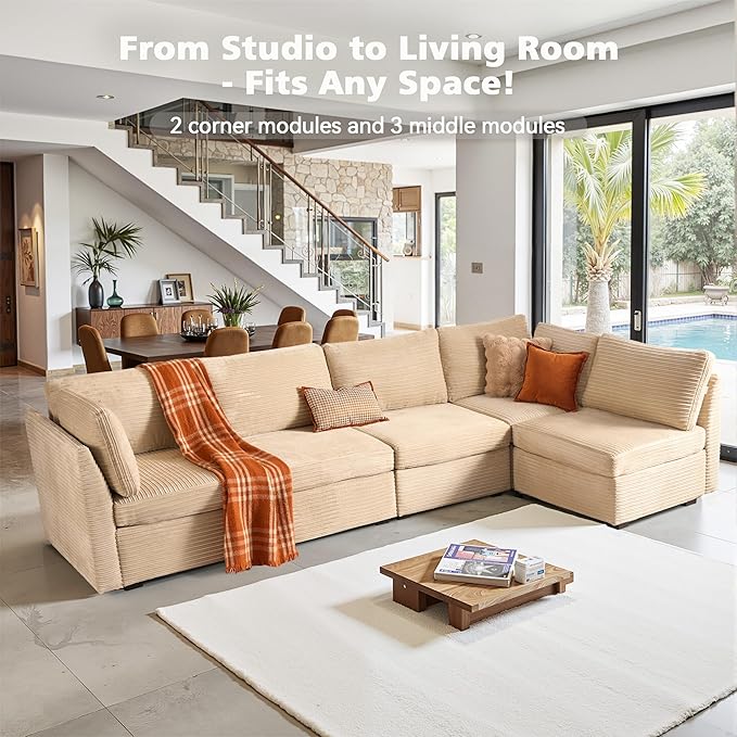 Modular Sectional Sofa with Chaise U Shaped Sectional Couch for Living Room, 5-Seater Comfy Cloud Couches, Plush Corduroy, Beige