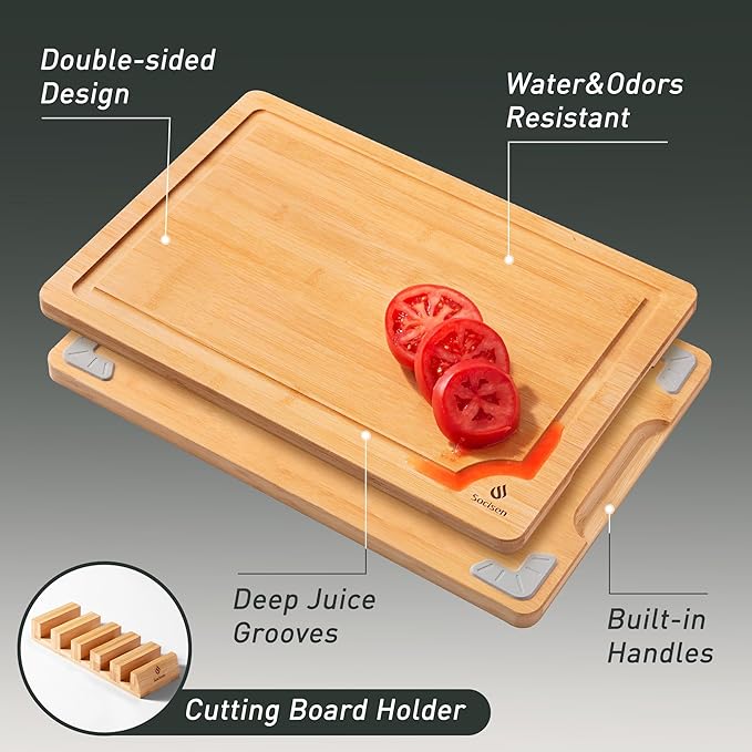 5 Packs Bamboo Cutting Board Set with Non Slip Feet Holder and Over Sink Nice Solid Thick Wood Juice Groove Chopping Board Small Big Xl XXl xlarge Oversized Kitchen Counter Organic Vegetable Meat Kit