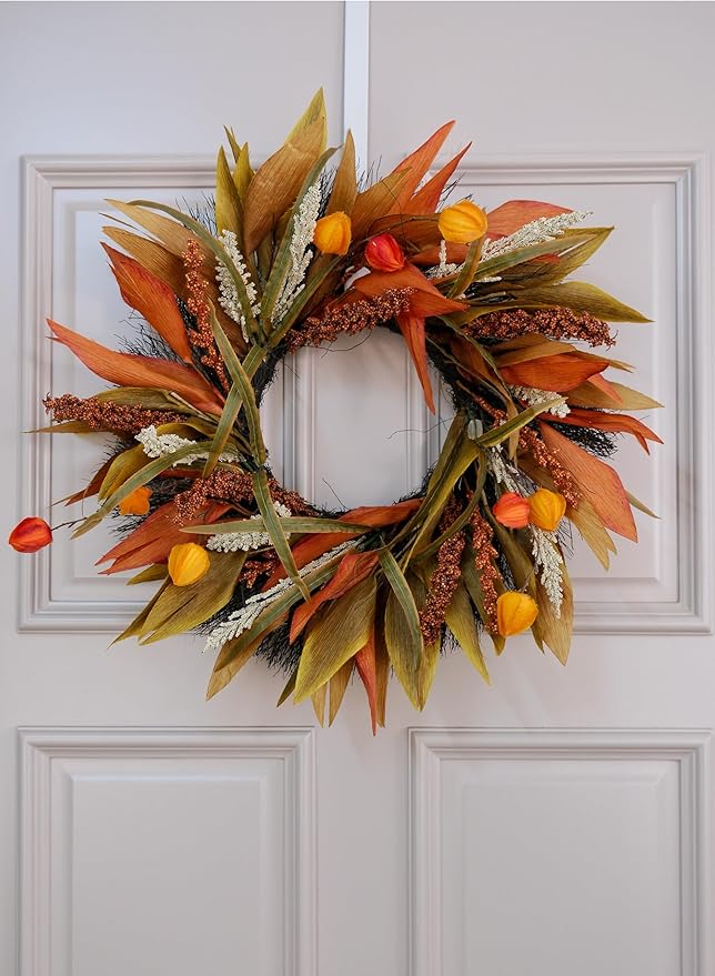 Fall Corn Husk & Berry Door Wreath for Front Door 24 Inch, Festive & Rustic Farmhouse Autumn Harvest Wreath, Fall Decor for Home Door Wall Porch Window, Orange/Yellow/Brown