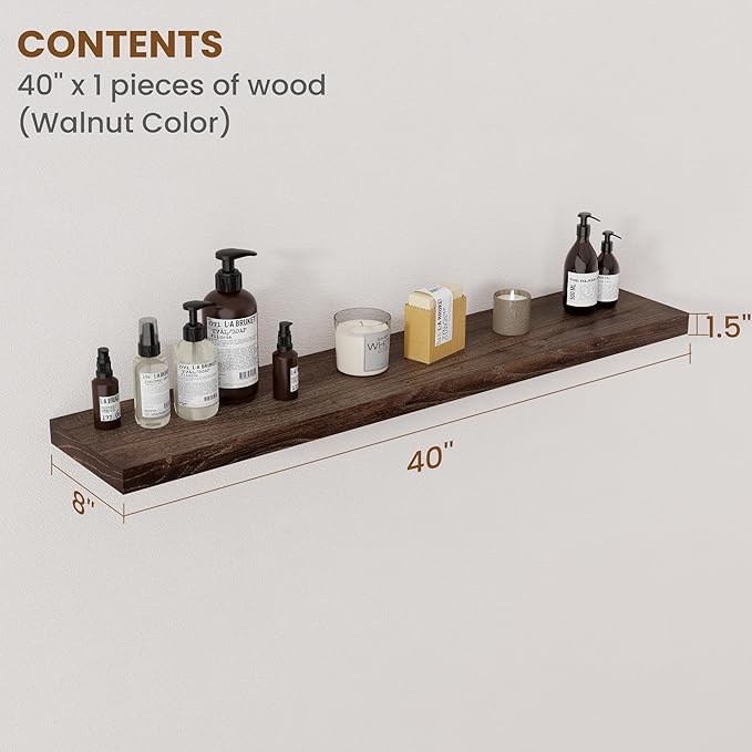 Floating Shelves for Wall Decor, 8 Inch Deep Rustic Solid Elm Wood Floating Shelves Wall Mounted, Wall Shelves with Invisible Bracket for Living Room Bathroom Bedroom Kitchen, 40 Inch Set of 1, Walnut