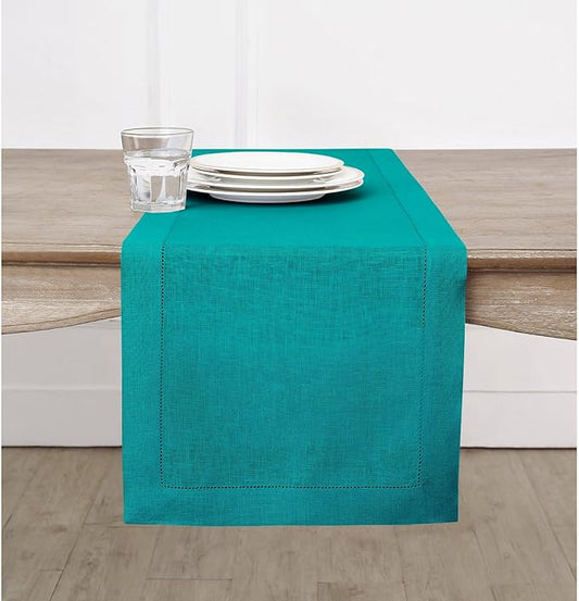 Solino Home Linen Teal Table Runner 132 Inches Long - 100% Pure Linen Extra Long Table Runner 14 x 132 Inch for Fall, Autumn - Classic Hemstitch